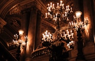 An opulent interior with ornate chandeliers casting a warm glow. The architecture features grand columns and intricate ceilings, creating a sense of luxury and elegance. The space feels historic with rich decorative elements.