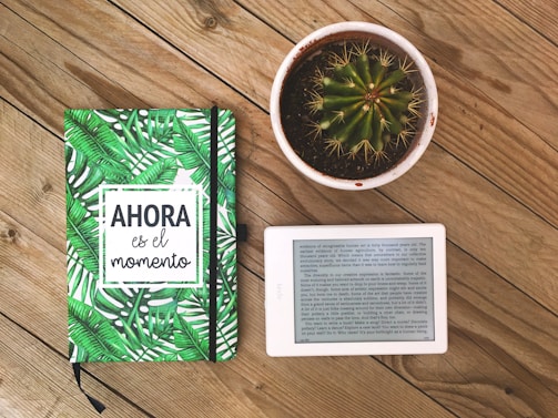 A notebook with a green leaf pattern cover featuring the text 'AHORA es el momento' is placed on a wooden surface alongside a small round cactus in a white pot and an e-reader displaying text.