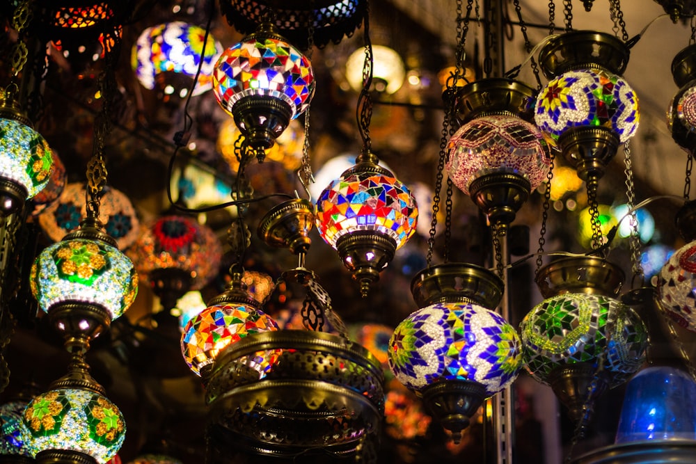 assorted light-up hanging lamps