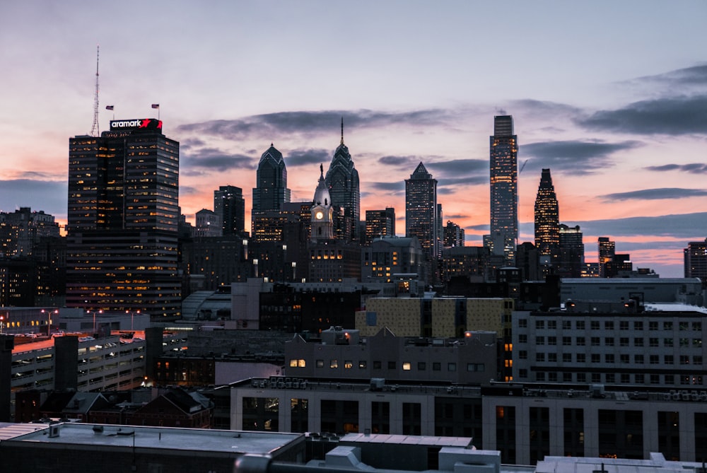 lighted buildings at golden hour