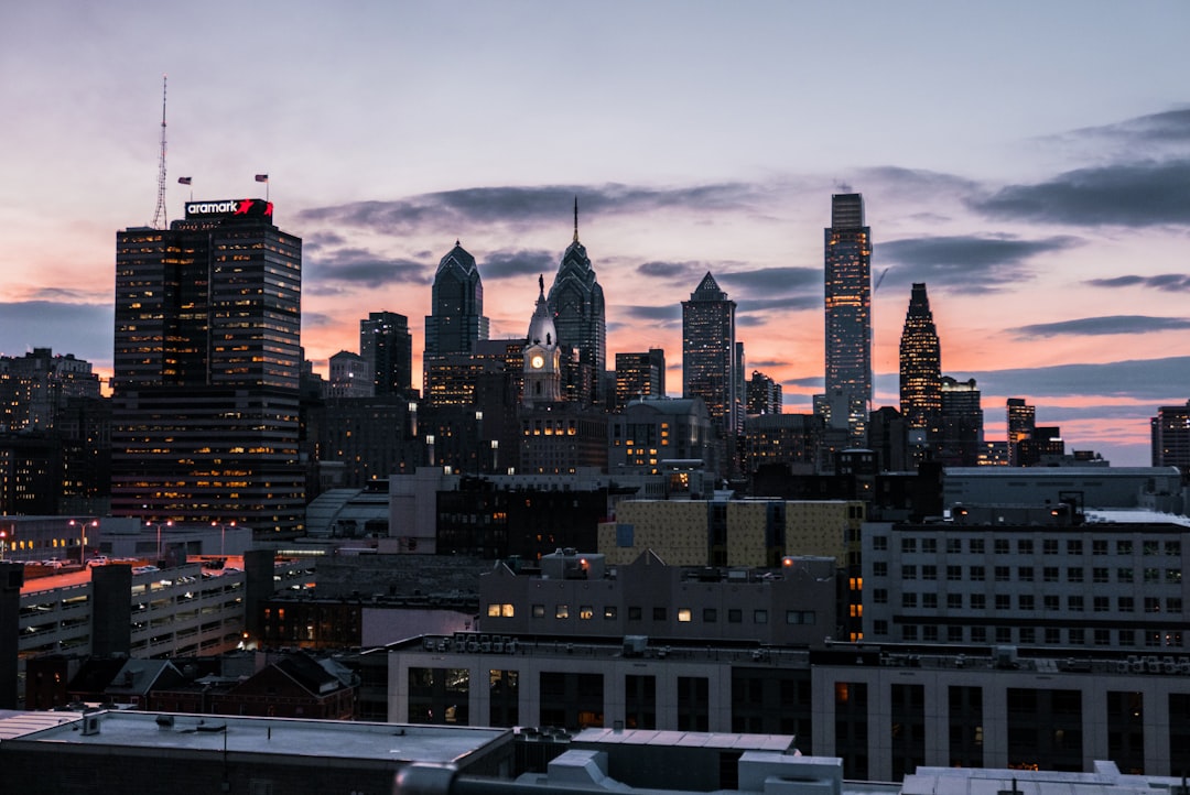 lighted buildings at golden hour,