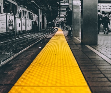 selective color photo of train station