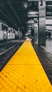 selective color photo of train station