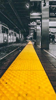 selective color photo of train station