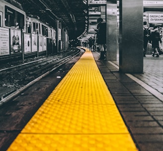 selective color photo of train station