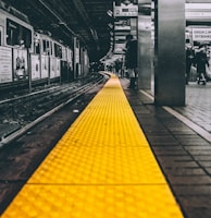 selective color photo of train station