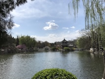 A serene lakeside scene with a traditional Asian-style pavilion by the water's edge. Willow trees drape over the lake, and delicate clouds float in the blue sky above. The landscape is lush with greenery and spring blossoms, evoking a tranquil atmosphere.