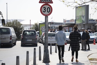 A busy street scene with people walking along a sidewalk, passing by a speed limit sign indicating a maximum speed of 30. Cars are parked and moving on the road. In the background, there are several commercial signs and a crowd near what appears to be a ferry terminal.