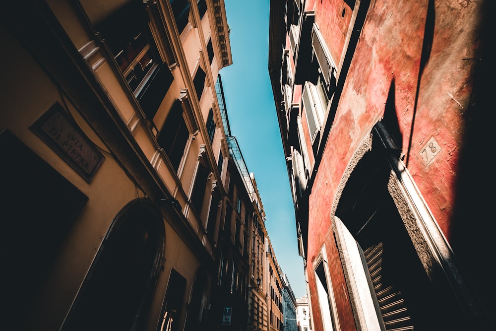 low angle photography of two buildings