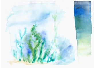 An abstract watercolor painting featuring soft, flowing greens and blues. The paint appears to mimic the forms of plants or seaweed, set against a pale background gradient. A vertical column on the right shows a mix of darker blues and greens, transitioning into lighter shades.