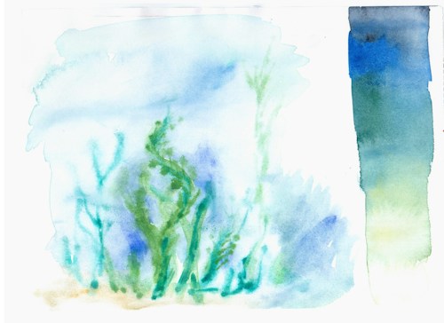 An abstract watercolor painting featuring soft, flowing greens and blues. The paint appears to mimic the forms of plants or seaweed, set against a pale background gradient. A vertical column on the right shows a mix of darker blues and greens, transitioning into lighter shades.