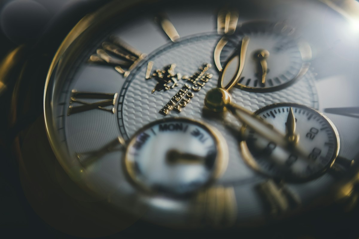 Chronograph dial close-up showing the complexity of timing displays.