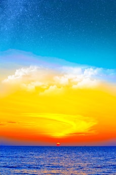 blue sea under blue, white, and orange sky during sunset digital wallpaper