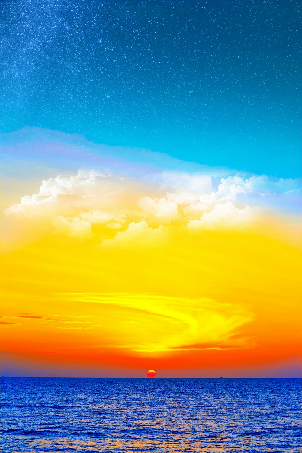 日没デジタル壁紙の間に青、白、オレンジ色の空の下で青い海