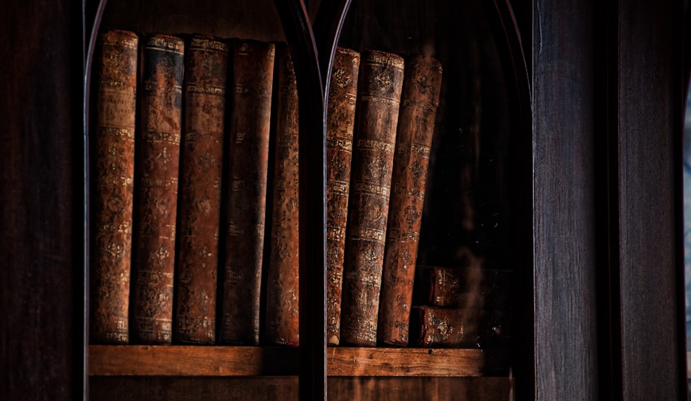 brown book on wooden rack