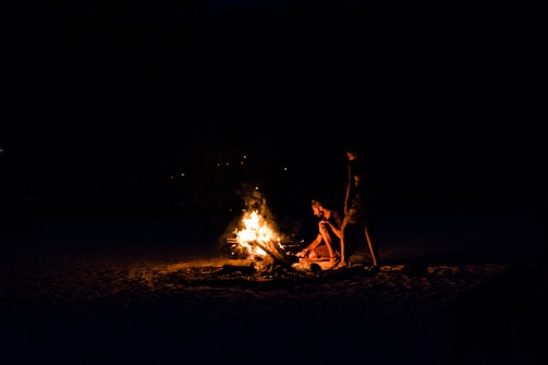 Two survivors trading supplies beside a flickering campfire in the dark.
