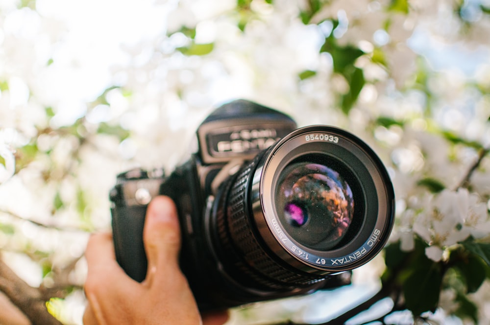 macro shot of black DSLR camera