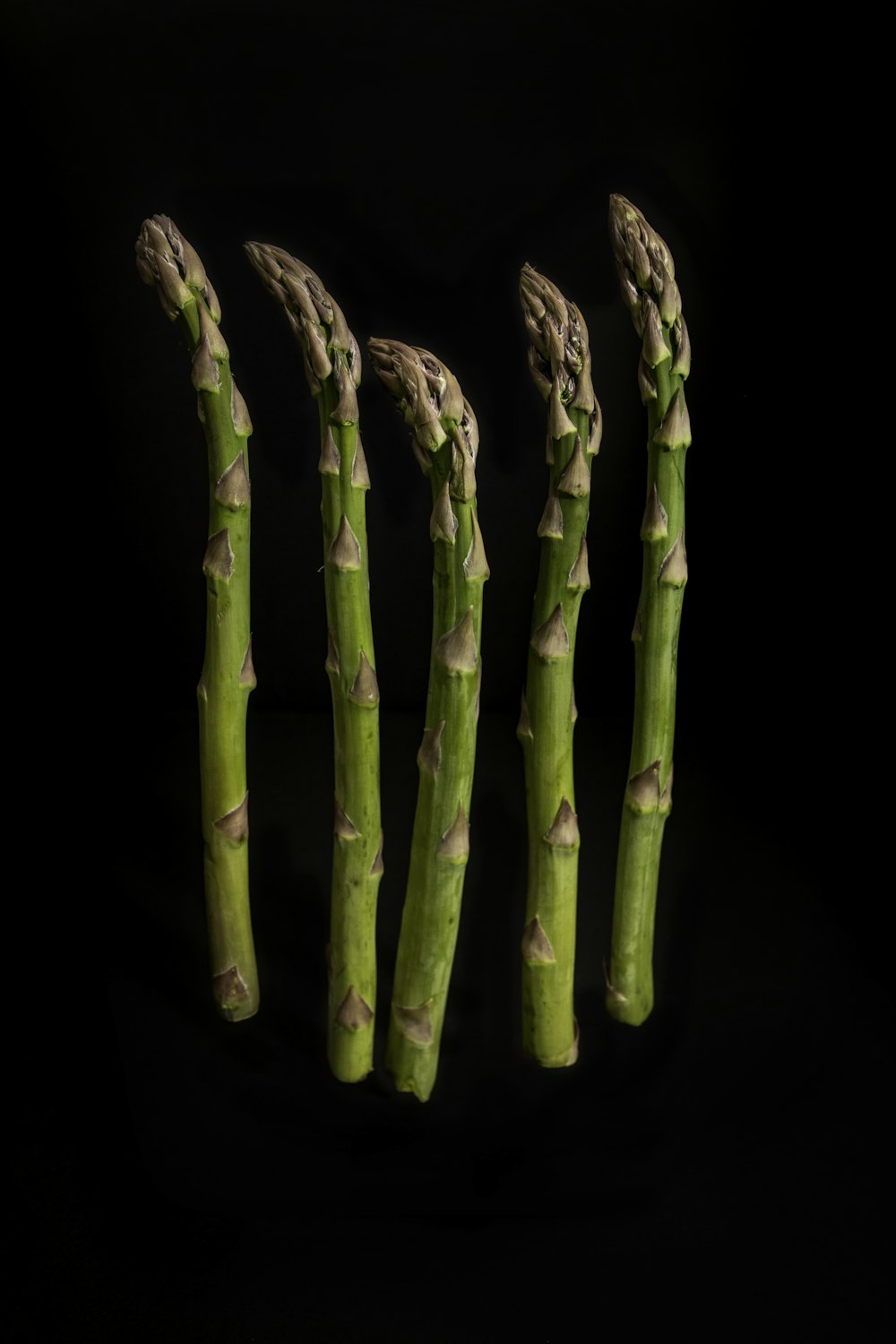 six green-and-brown asparagus with black background