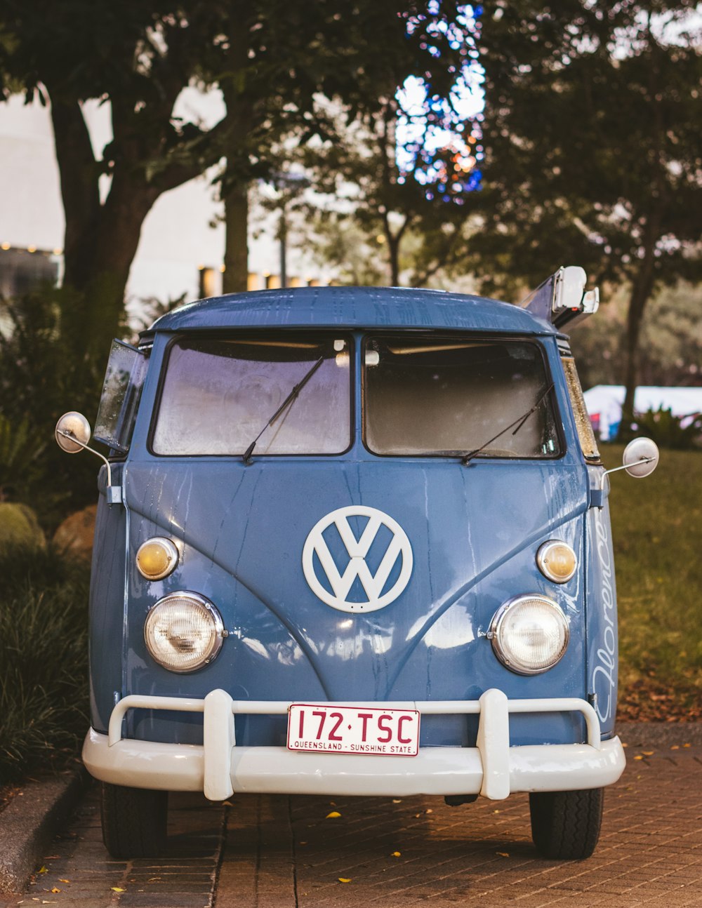 klassischer blauer VW-Minivan tagsüber unter Baum geparkt