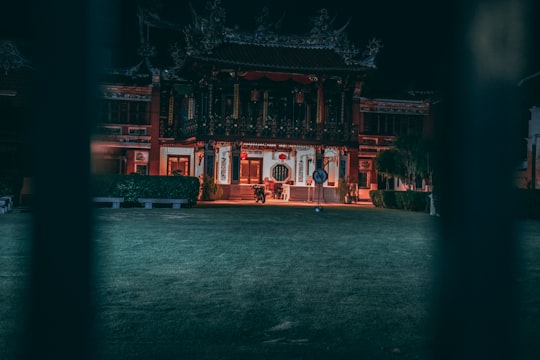 lighted brown temple at nighttime in Cheah Kongsi Malaysia