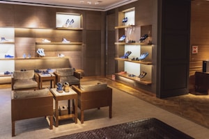 A luxurious shoe store interior with wooden walls and shelves displaying various designer shoes. There are comfortable leather chairs and a small wooden table placed in the center. The room has warm lighting and a clean, organized arrangement, creating a sophisticated atmosphere.