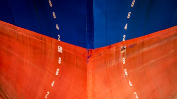 red and blue cruise ship