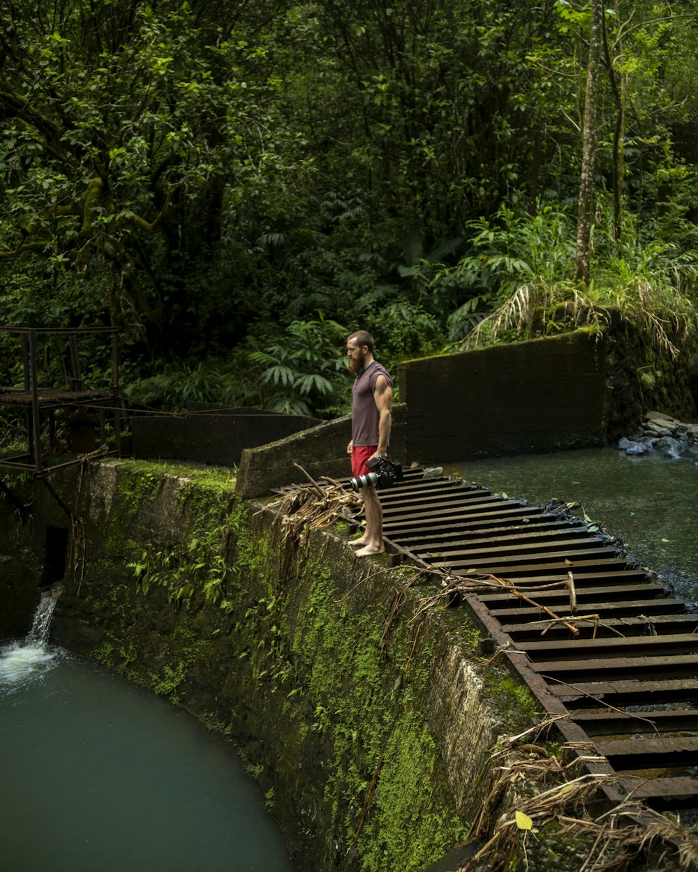 man standing on divider rock near waterfalls