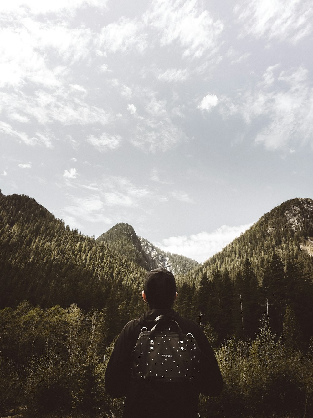 man facing mountain range covered with green leafed trees