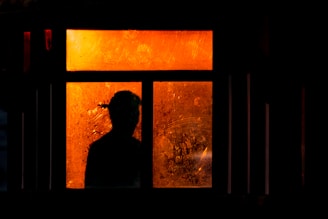 A silhouette of a person appears in front of a window with orange-tinted glass. The glass is weathered and scratched, adding a textured appearance. The scene is dark, with surrounding shadows emphasizing the vibrant orange light coming through the window panes.