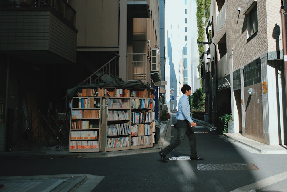 man crossing the street