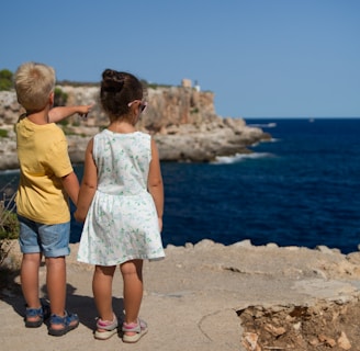 two children standing near cliff watching on ocean at daytime
