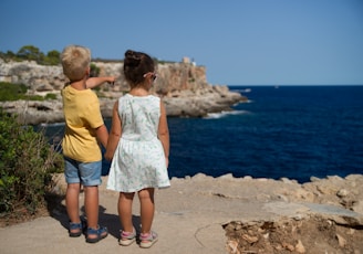 two children standing near cliff watching on ocean at daytime