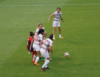 A group of diverse soccer players in action on the field, showcasing teamwork and athleticism.