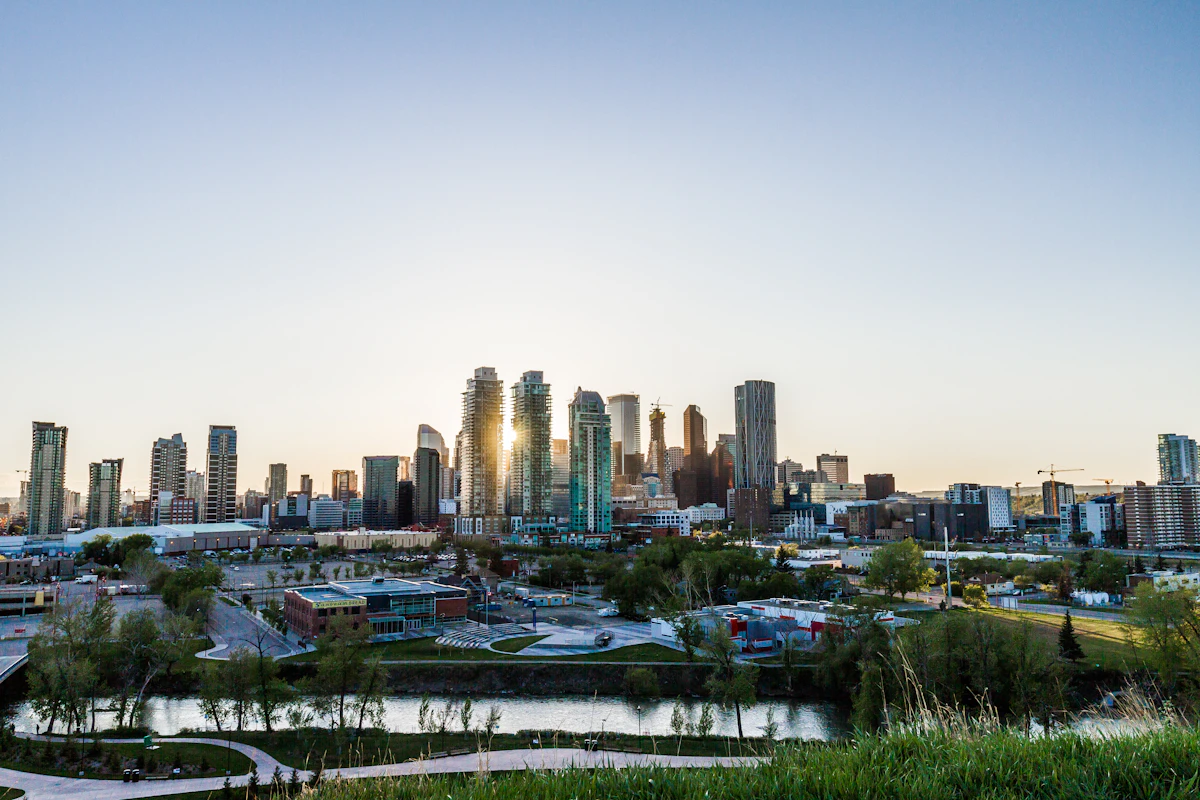 Calgary skyline with the Rocky Mountains in the distance