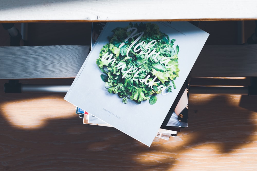 white and green book on gray surface