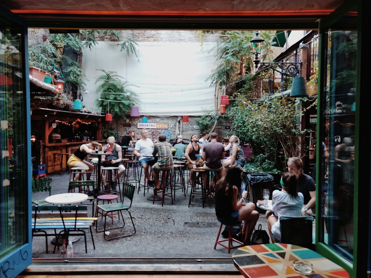 Budapest Jewish Quarter — interior of Szimpla Kert ruin bar with eclectic décor and warm evening atmosphere