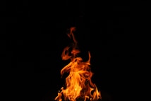 Flames rise against a dark background, showcasing dynamic shapes and vibrant colors of a fire. The orange and yellow hues stand out vividly, creating a striking contrast with the black surroundings.