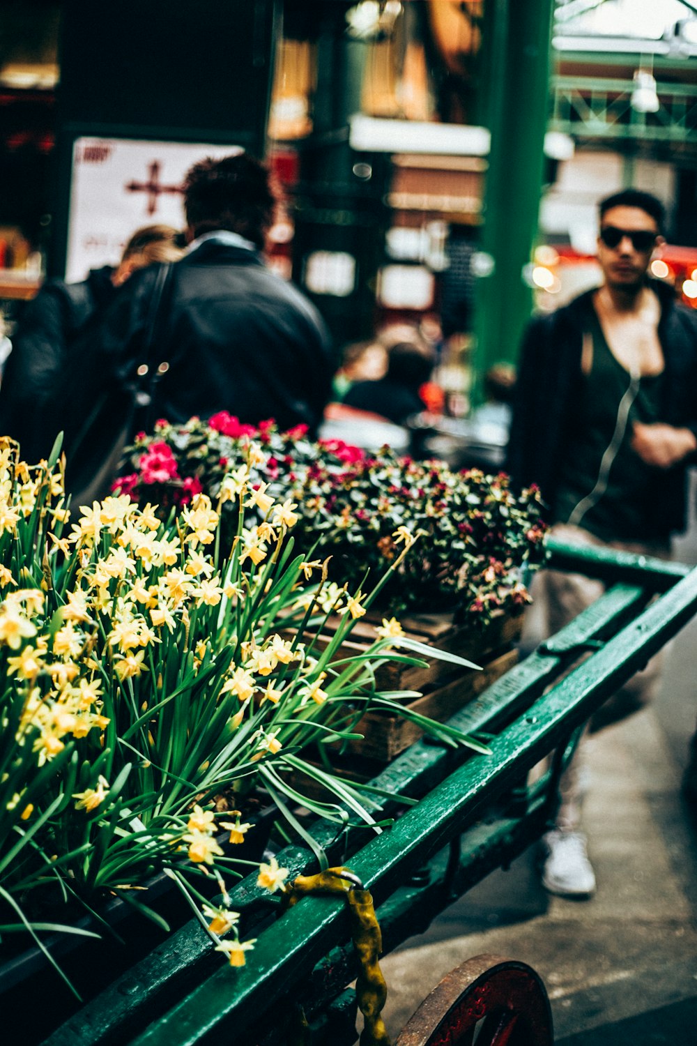 green and yellow flowers in green cart