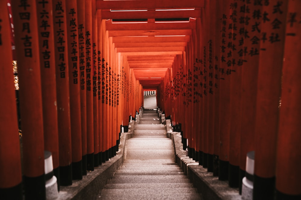 빨간 기둥 사이의 콘크리트 계단