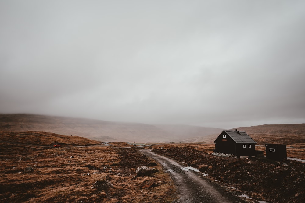 cabin beside road and grass field