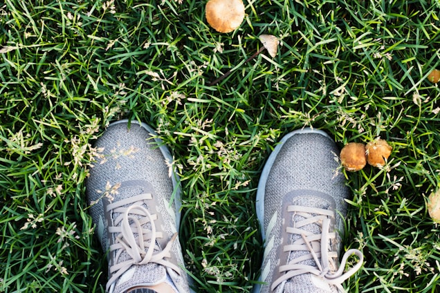 A pair of grey running shoes are seen from above on a grassy field with several small brown mushrooms scattered around.