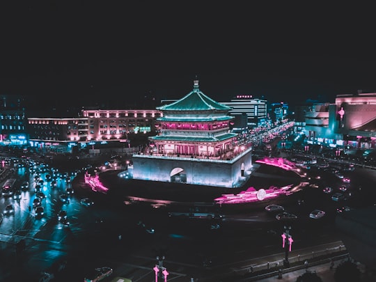 aerial photography of pagoda building at nighttime in Xi'an China