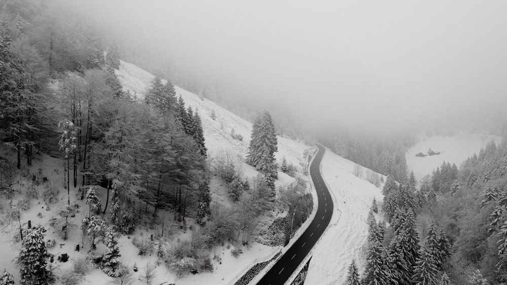 areal photography of roadway covered with snow