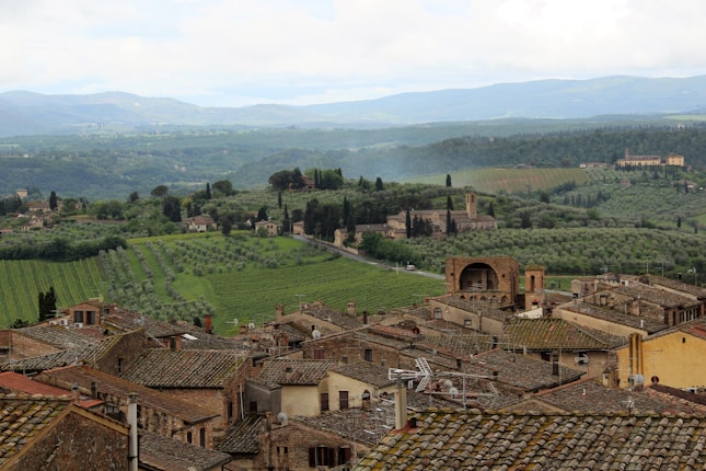 A scenic view of a rustic town with tiled rooftops surrounded by lush green vineyards and rolling hills. In the distance, there are olive groves and a few tall cypress trees. The backdrop features blue mountains under a partly cloudy sky.