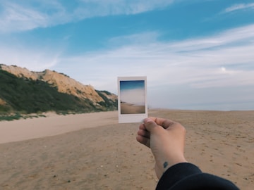 A close-up of hands holding a polaroid photo with a scenic background.