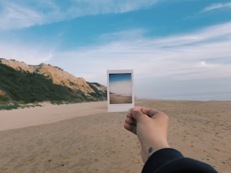A close-up of hands holding a polaroid photo with a scenic background.