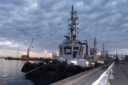 A docked ship is seen in the foreground with an overcast sky in the background. The ship has visible antennas and a maritime flag atop its masts. Several other ships are lined up behind, and a crane is visible on the distant dock, along with shipping containers. The setting appears to be in the early evening or morning due to the low light and cloud coverage.