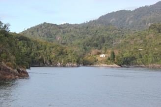 A serene landscape featuring a secluded house nestled amidst lush green hills. The scene includes a calm body of water in the foreground, surrounded by dense forested areas extending up the mountainous terrain. The setting appears quiet and untouched, projecting a feeling of tranquility.