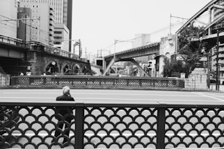 A black and white cityscape featuring a lone person standing in the foreground, facing a street. The scene includes intricate bridge railings, overhead railway tracks, and several large buildings in the background. The setting appears to be urban with a mix of modern and industrial architecture.