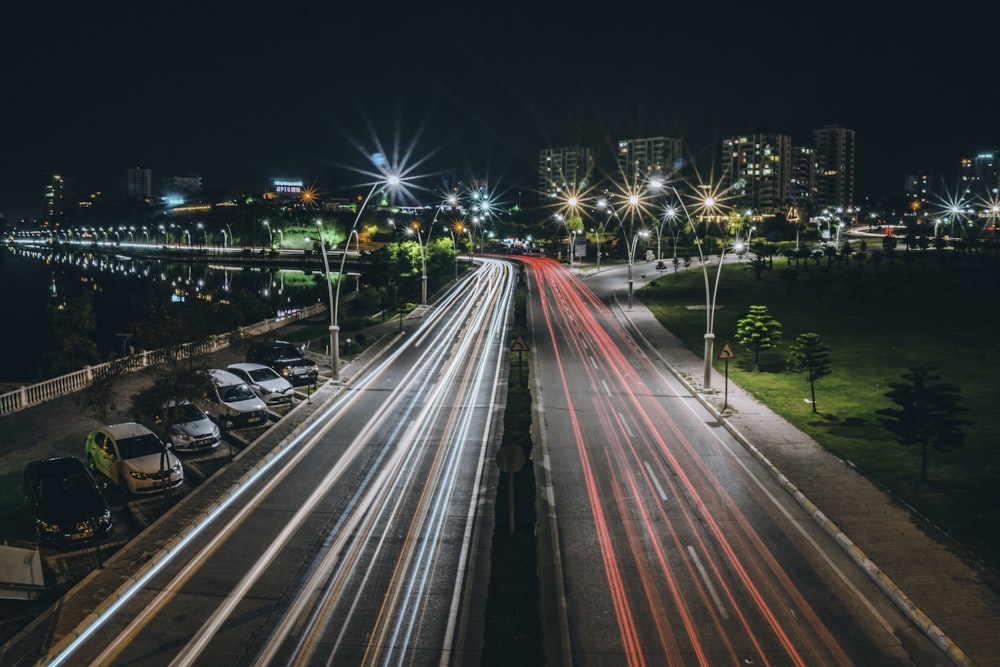 timelapse photography of road during night time